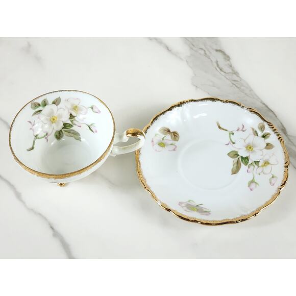 Cherry China Teacup Footed Saucer Floral Gardenias Gold Trim 30's Japan Vintage - Picture 9 of 14